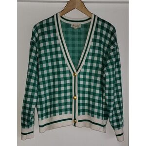Marled Women's Cardigan M Gingham Green White Cottagecore Picnic